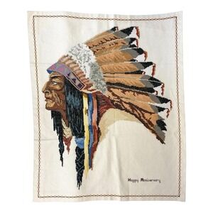 Vintage Needlepoint Native American Chief Wall Art Rustic Textile 18x22